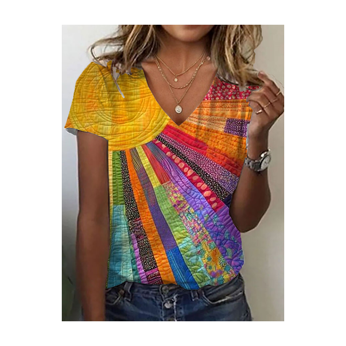 Women Hippie Short Sleeve Tee T-shirt V Neck Printing Casual Summer Graphic Tee Top