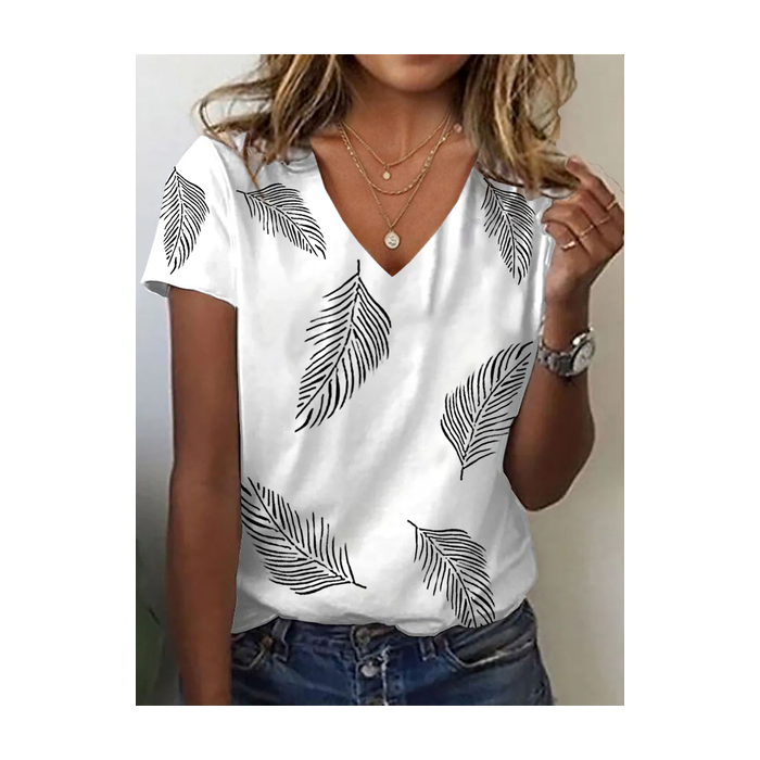 Women Feather Short Sleeve Tee T-shirt V Neck Printing Casual Summer Graphic Tee Top