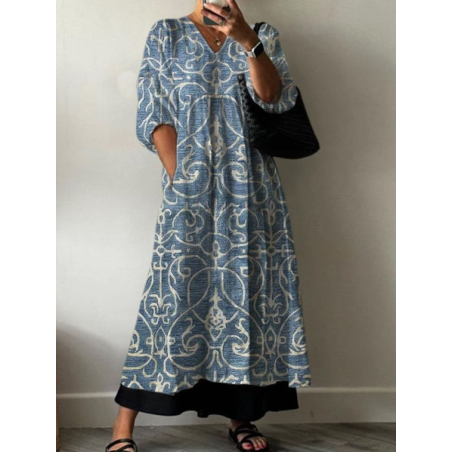 Women Floral Half Sleeve Summer Printing Dress V Neck Daily Casual Maxi A-Line Dress