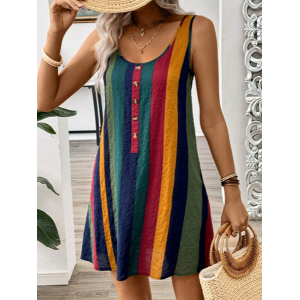 Women Striped Sleeveless Summer Printing Dress Crew Neck Daily Casual Midi Tank X-Line Dress