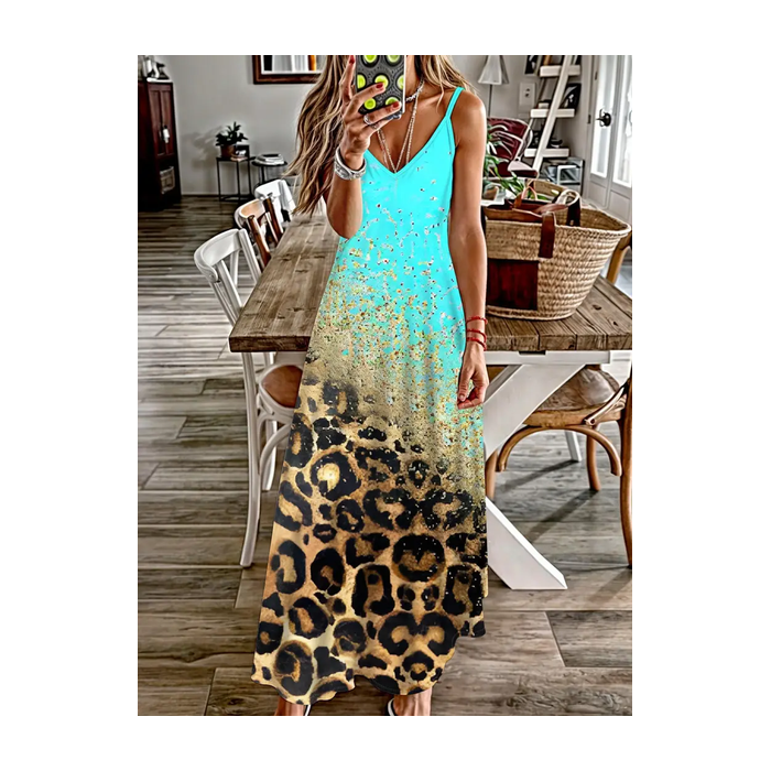 Women Leopard Sleeveless Summer Printing Dress V Neck Daily Casual Maxi Slip Dress X-Line Dress