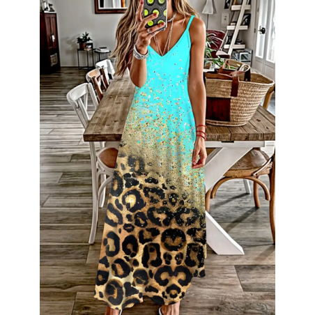 Women Leopard Sleeveless Summer Printing Dress V Neck Daily Casual Maxi Slip Dress X-Line Dress