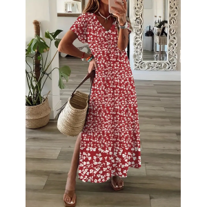 Women Floral Short Sleeve Summer Dress V Neck Daily Casual Maxi X-Line Dress