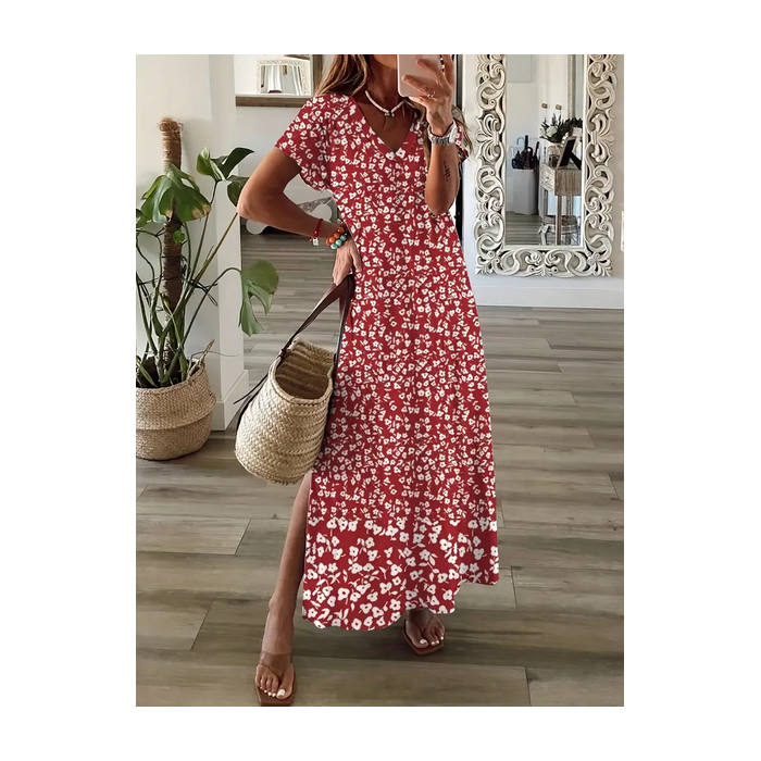 Women Floral Short Sleeve Summer Dress V Neck Daily Casual Maxi X-Line Dress