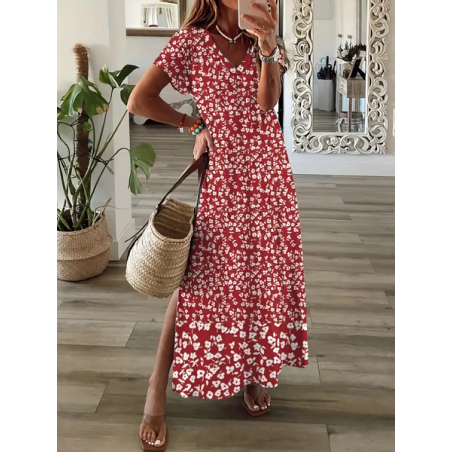 Women Floral Short Sleeve Summer Dress V Neck Daily Casual Maxi X-Line Dress