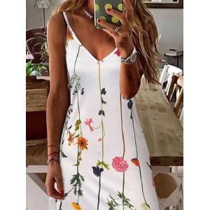Women Floral Sleeveless Summer Printing Dress V Neck Daily Casual Maxi Slip Dress X-Line Dress