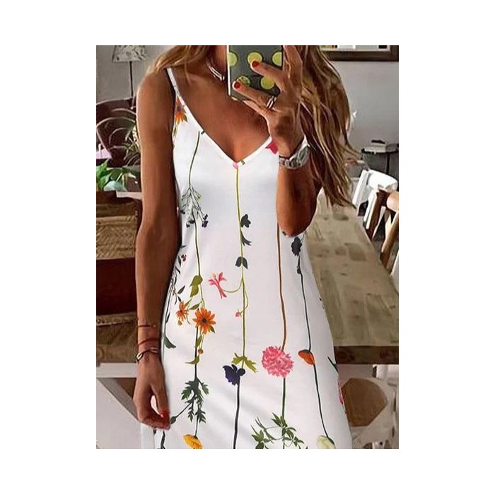Women Floral Sleeveless Summer Printing Dress V Neck Daily Casual Maxi Slip Dress X-Line Dress