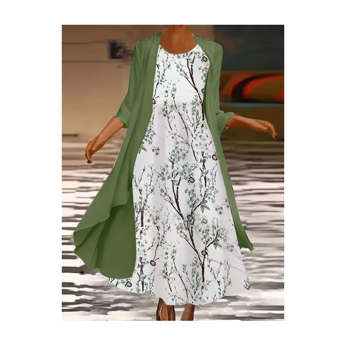 Women Floral Printing Two-Piece Set Daily Three Quarter Sleeve Casual Spring/Fall Dress With Coat Matching Set