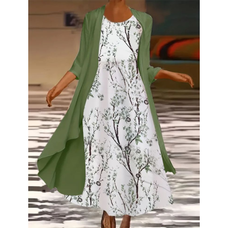 Women Floral Printing Two-Piece Set Daily Three Quarter Sleeve Casual Spring/Fall Dress With Coat Matching Set