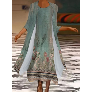 Women Floral Printing Two-Piece Set Daily Three Quarter Sleeve Casual Spring/Fall Dress With Coat Matching Set