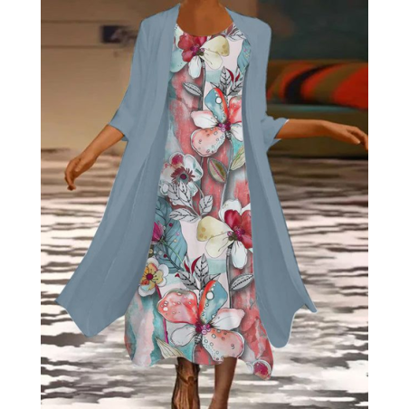 Women Floral Printing Two-Piece Set Daily Three Quarter Sleeve Casual Spring/Fall Dress With Coat Matching Set