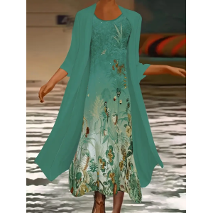 Women Floral Printing Two-Piece Set Daily Three Quarter Sleeve Casual Spring/Fall Dress With Coat Matching Set