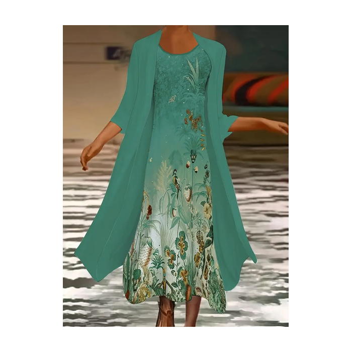 Women Floral Printing Two-Piece Set Daily Three Quarter Sleeve Casual Spring/Fall Dress With Coat Matching Set