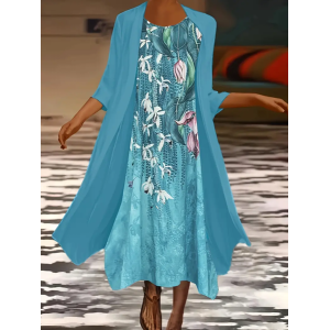 Women Floral Printing Two-Piece Set Daily Three Quarter Sleeve Casual Spring/Fall Dress With Coat Matching Set