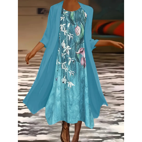 Women Floral Printing Two-Piece Set Daily Three Quarter Sleeve Casual Spring/Fall Dress With Coat Matching Set