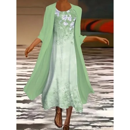 Women Floral Printing Two-Piece Set Daily Three Quarter Sleeve Casual Spring/Fall Dress With Coat Matching Set