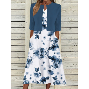 Women Floral Printing Two-Piece Set Daily Half Sleeve Casual Summer Dress With Coat Matching Set