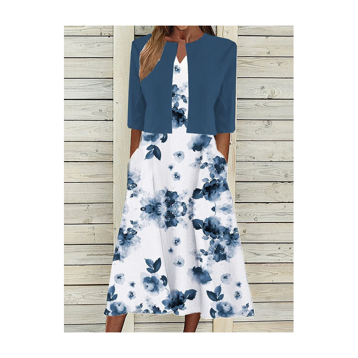 Women Floral Printing Two-Piece Set Daily Half Sleeve Casual Summer Dress With Coat Matching Set