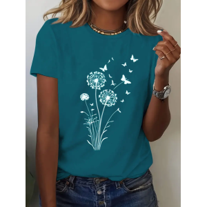 Women Floral Short Sleeve Tee T-shirt Crew Neck Printing Casual Summer Graphic Tee Top