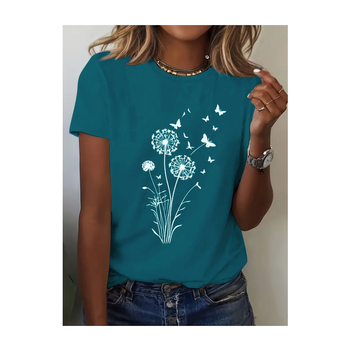 Women Floral Short Sleeve Tee T-shirt Crew Neck Printing Casual Summer Graphic Tee Top