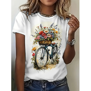 Women Floral Short Sleeve Tee T-shirt Crew Neck Printing Casual Summer Top