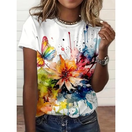 Women Floral Short Sleeve Tee T-shirt Crew Neck Printing Casual Summer Graphic Tee Top
