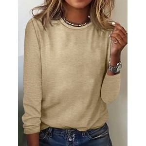 Women's Long Sleeve Blouse Spring/Fall Plain Cotton-Blend Crew Neck Daily Going Out Simple Top