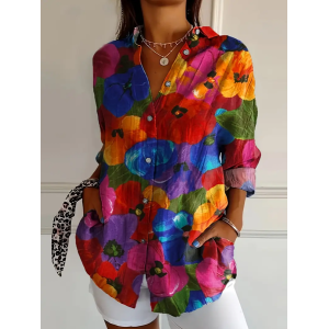 Women's Floral Long Sleeve Shirt Spring/Fall Buckle Shirt Collar Daily Casual Top