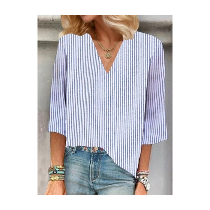 Women's Striped Three Quarter Sleeve Blouse Spring/Fall Printing V Neck Daily Casual Top