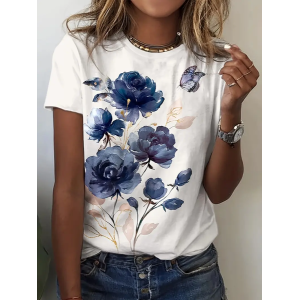 Women Floral Short Sleeve Tee T-shirt Crew Neck Printing Casual Summer Graphic Tee Top
