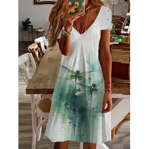 Women Dragonfly Short Sleeve Summer Printing Dress V Neck Daily Casual Midi Fit & Flare Dress A-Line Dress
