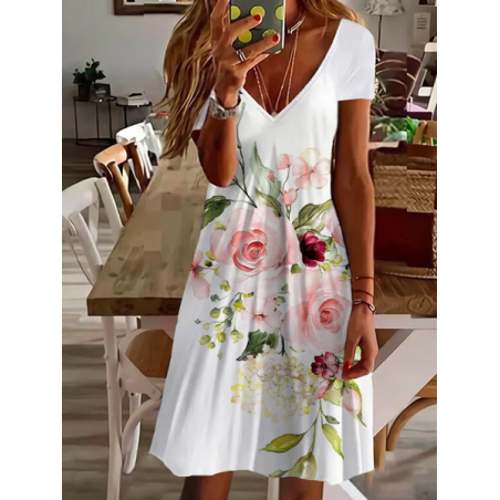 Women Floral Short Sleeve Summer Printing Dress V Neck Daily Casual Midi Fit & Flare Dress A-Line Dress