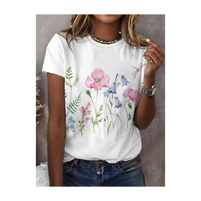 Women Floral Short Sleeve Tee T-shirt Crew Neck Printing Casual Summer Graphic Tee Top