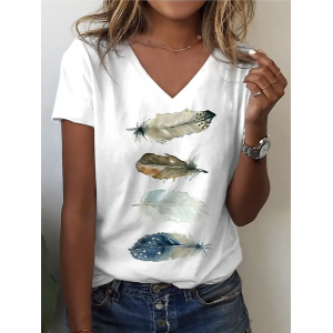 Women Feather Short Sleeve Tee T-shirt V Neck Printing Casual Summer Graphic Tee Top