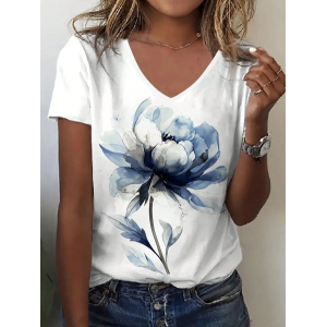 Women Floral Short Sleeve Tee T-shirt V Neck Printing Casual Summer Graphic Tee Top