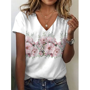 Women Floral Short Sleeve Tee T-shirt V Neck Printing Casual Summer Graphic Tee Top