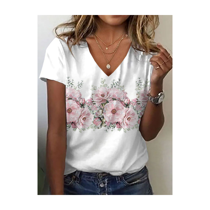 Women Floral Short Sleeve Tee T-shirt V Neck Printing Casual Summer Graphic Tee Top