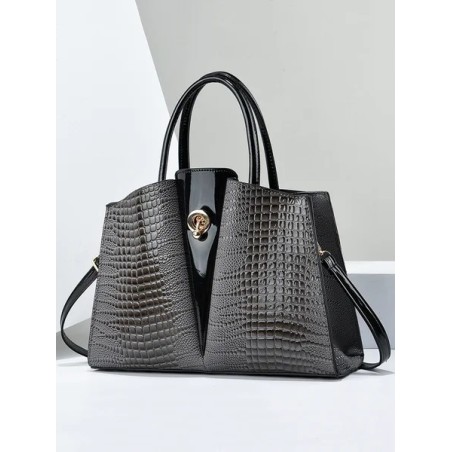 Large Capacity Color Block Crocodile Embossed Tote Bag Commuting Crossbody Bag