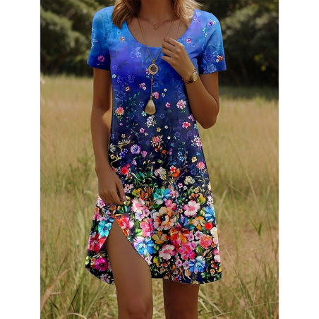 Women Floral Short Sleeve Summer Printing Dress Crew Neck Daily Casual Mini Tunic H-Line Dress