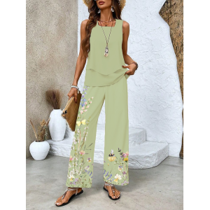 Women's Floral Printing Two-Piece Set Daily Sleeveless Casual Summer Top With Pants Matching Set