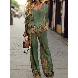 Women's Floral Printing Two-Piece Set Daily Long Sleeve Casual Spring/Fall Top With Pants Matching Set