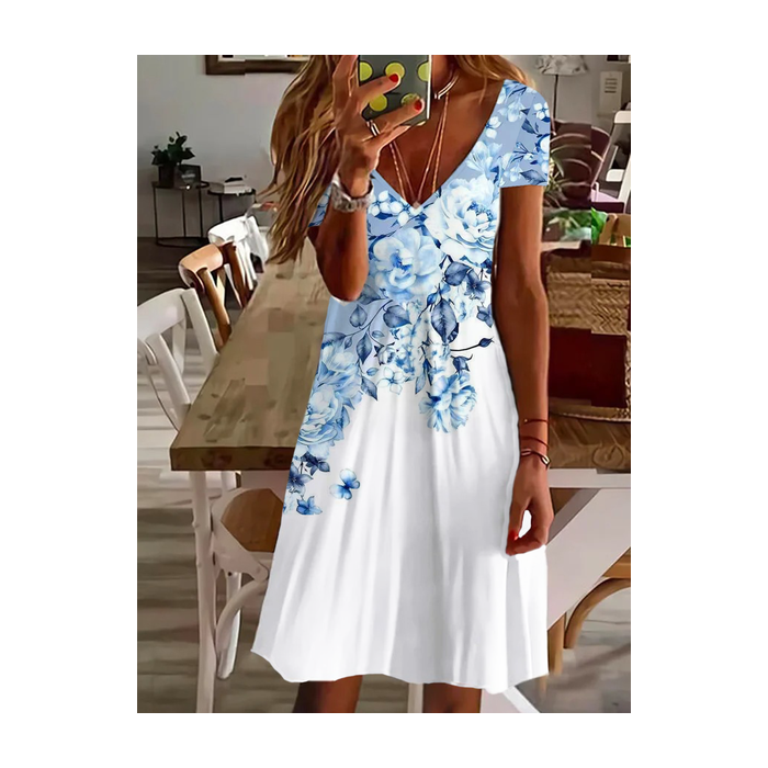 Women's Floral Short Sleeve Summer Printing Dress V Neck Daily Casual Knee Length T-Shirt Dress H-Line Dress