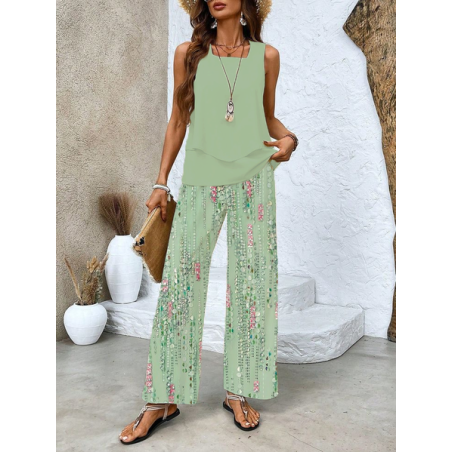Women's Floral Printing Two-Piece Set Daily Sleeveless Casual Summer Top With Pants Matching Set