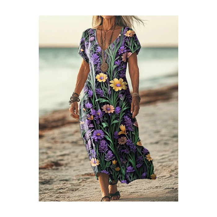 Women's Floral Short Sleeve Summer Printing Dress V Neck Daily Casual Maxi T-Shirt Dress H-Line Dress