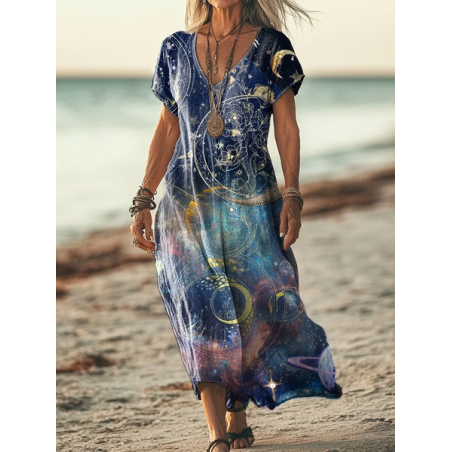 Women's Moon Short Sleeve Summer Printing Dress V Neck Daily Casual Maxi T-Shirt Dress H-Line Dress