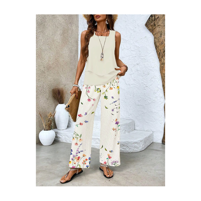 Women's Floral Printing Two-Piece Set Daily Sleeveless Casual Summer Top With Pants Matching Set