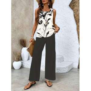 Women's Floral Printing Two-Piece Set Daily Sleeveless Casual Summer Top With Pants Matching Set