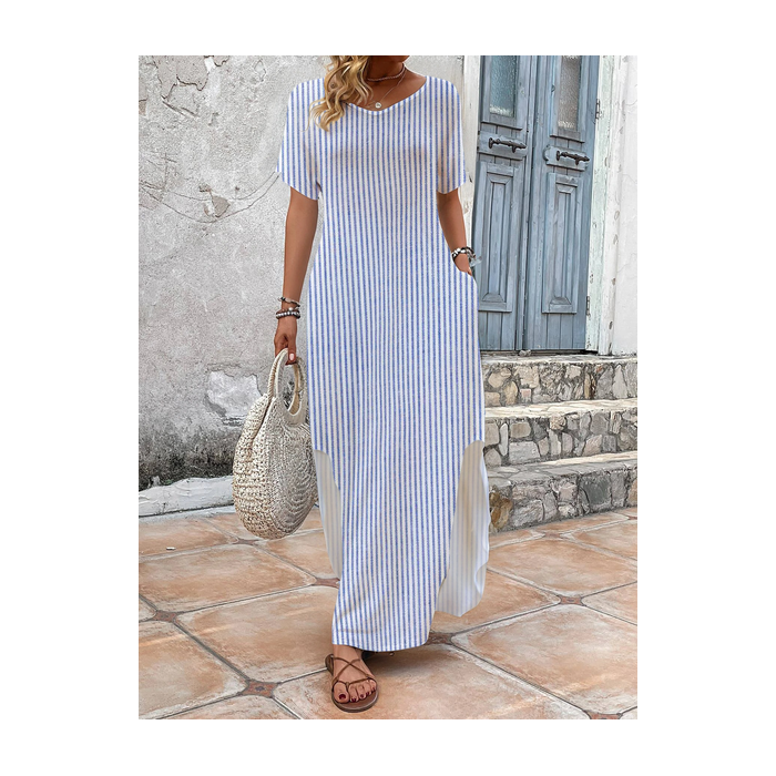 Women's Striped Short Sleeve Summer Printing Dress V Neck Daily Casual Maxi T-Shirt Dress H-Line Dress
