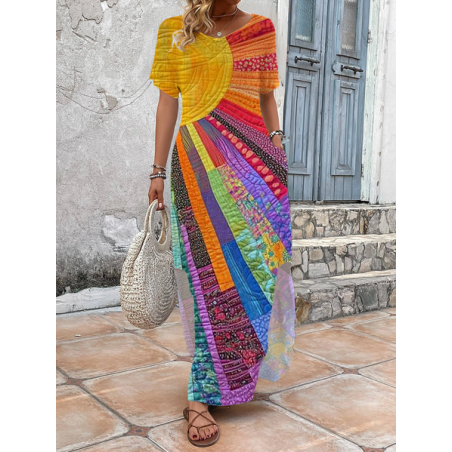 Women's Hippie Short Sleeve Summer Printing Dress V Neck Daily Vintage Maxi T-Shirt Dress H-Line Dress