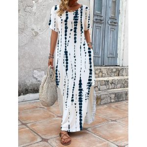 Women's Striped Short Sleeve Summer Printing Dress V Neck Daily Casual Maxi T-Shirt Dress H-Line Dress